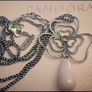 Pandora Silver Necklace with Pink Teardrop Pendant